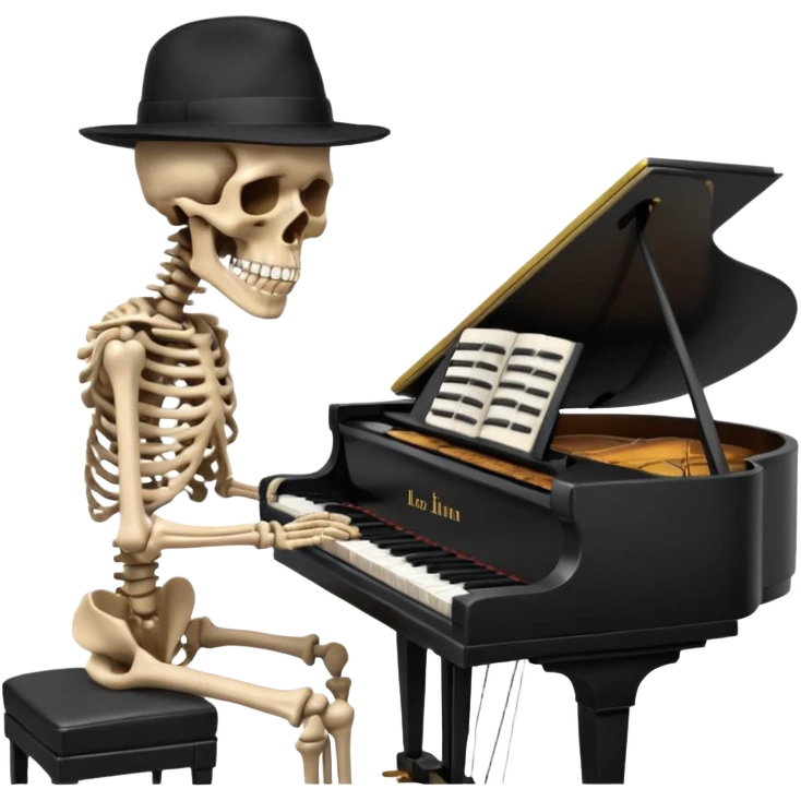 a human skeleton in anatomical proportion wears a black hat and plays the piano emoji