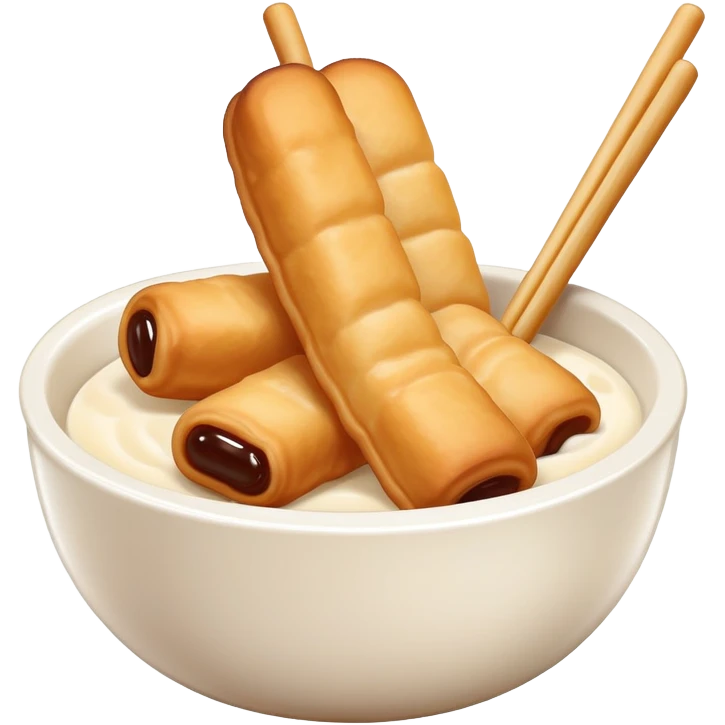 Soy milk and fried dough sticks Doujiang Youtiao in bowl and stick, simplified emoji style with bold outlines and bright colors, cartoon style traditional Chinese breakfast combo emoji