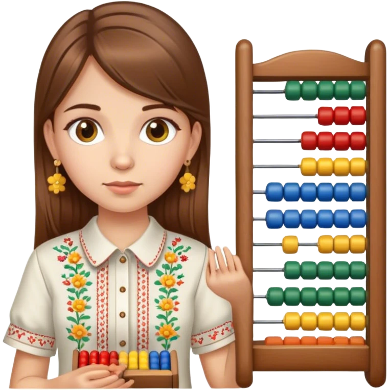 A Ukrainian girl with brown hair in an embroidered shirt holds an Abacus emoji