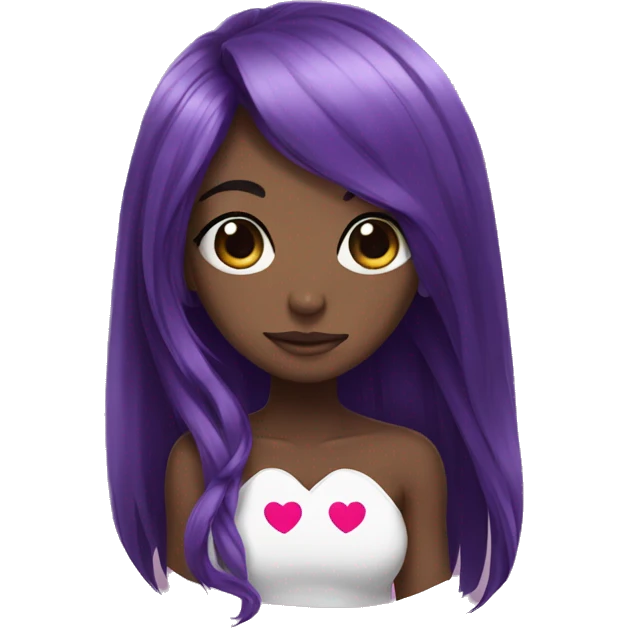 Cute black anime with long purple hair holing a heart emoji