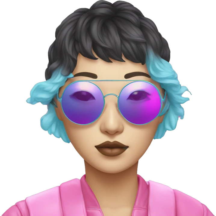 a short-haired Taiwanese lesbian with vaporwave style, sunglasses with vaporwave image on it. emoji