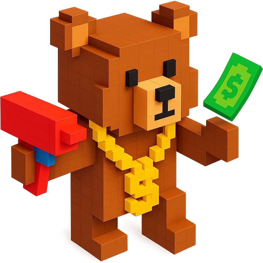 Russian grizzly bear wearing a rapper chain and holding a money gun emoji