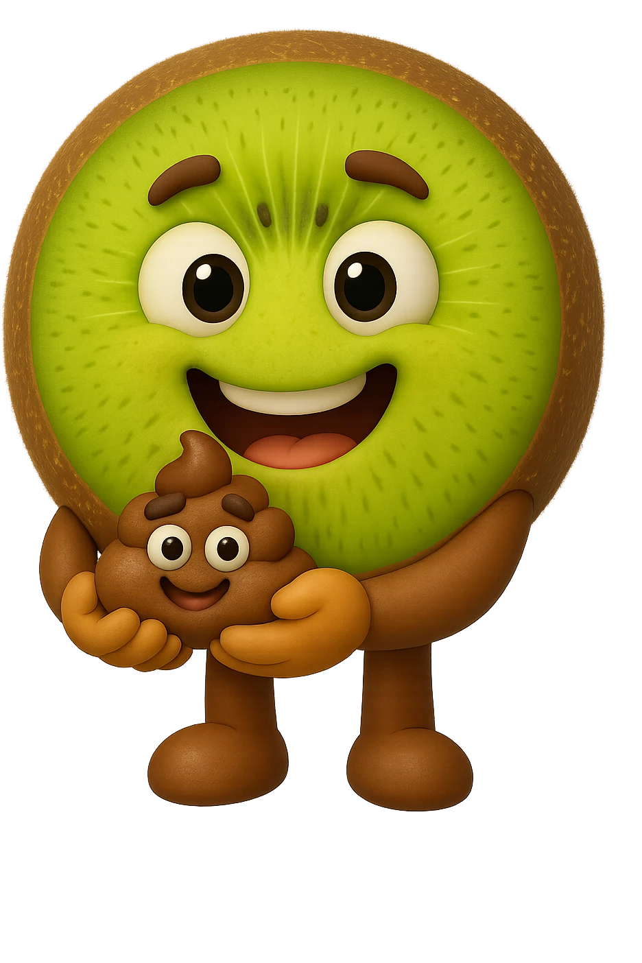 emoji stile iphone di kiwi che tengono in mano un pezzo di colon con espressione felice in volto, iperrealistico 4k emoji