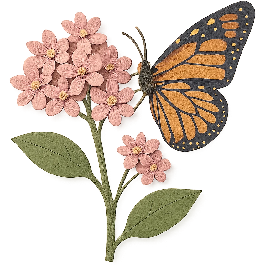 close-up of milkweed flowers with a monarch butterfly, fine paper edges, delicate pink blossoms, detailed butterfly wings emoji