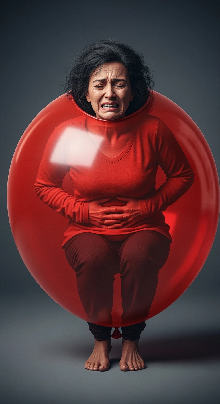 DONNA CON MAL DI PANCIA E INTESTINO CHIUSO IN UN PALLONCINO ROSSO, ESPRESSIONE DI DOLORE IN VOLTO, IPERREALISTICA 4K emoji