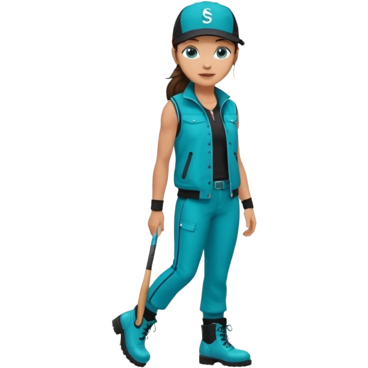 A landscaper in a beautiful turquoise jacket and turquoise boots, black pants, and a black sleeveless shirt. On his head is a black Swissotel baseball cap. The girl is a brunette with blue eyes. emoji