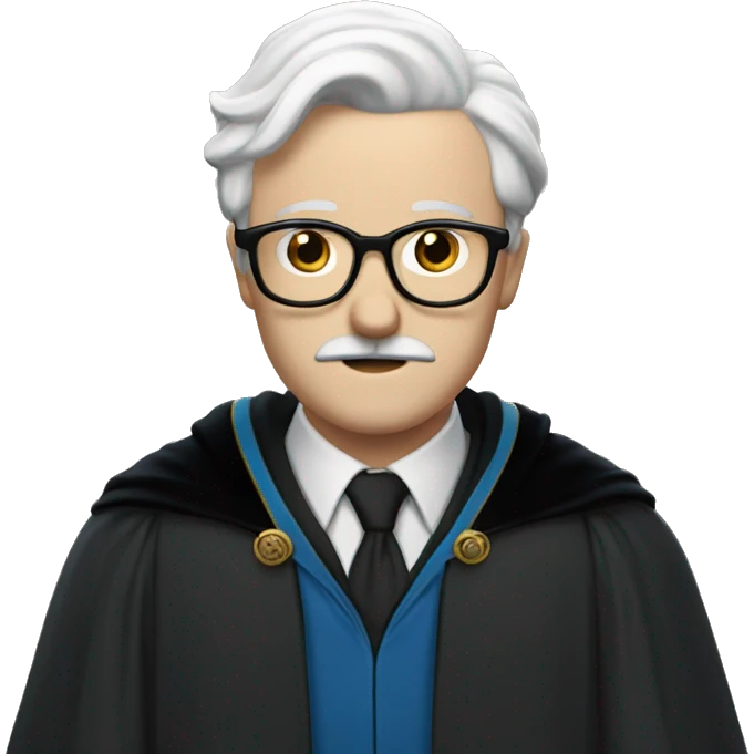 man with white skin,hair is straight and black, a black mustache, glasses, with a magic hat, ravenclaw emoji