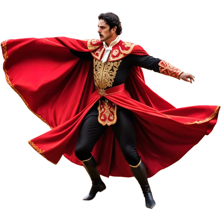 ​Cinematic Realistic Spanish Matador Holding a Red Cape, depicted in mid-action with a vibrant red cape flowing in the wind, dressed in an ornate traje de luces with shimmering details, confronting a charging bull in a dramatic arena, rendered with dynamic motion blur and vivid, high-contrast lighting, emoji