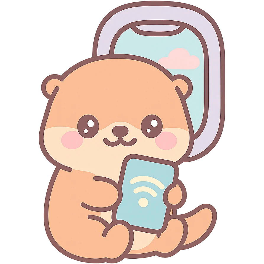 cute otter holding a phone with wifi symbol, airplane window in background, kawaii style emoji