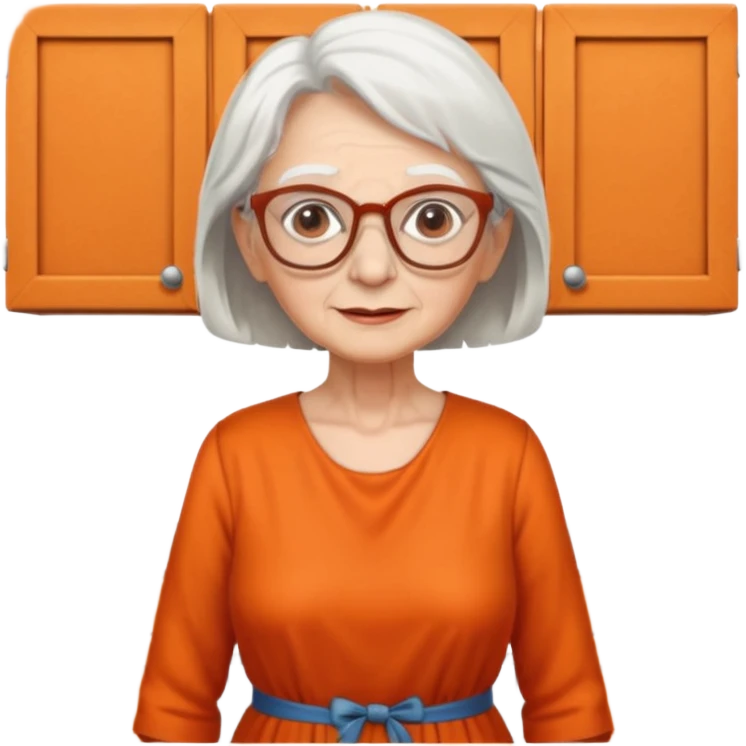 OLD LADY IN KITCHEN OUTFIT ORANGE DRESS, GLASSES. WHITE HAIR  emoji