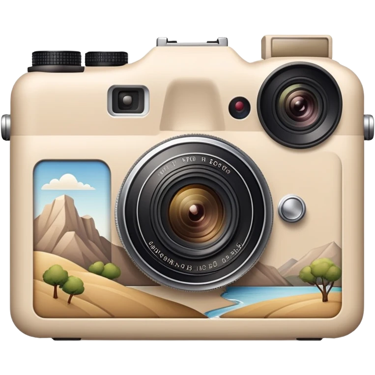 A beige camera with a landscape photo next to it. emoji