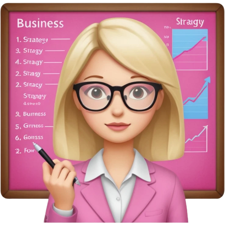 pink board with a girl writing on it and on the board there are graphs and a title "Business Strategy" emoji