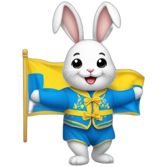 A smiling rabbit in a Ukrainian flag costume emoji
