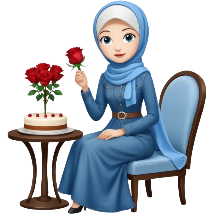 Turkish beautiful finish Konya girl blue eyes with denim hijab long tail dress and sits on the modernized coffee house on a white chair and holds rose cake with her hand  emoji