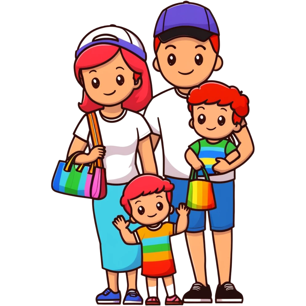 A happy family of four - father in white t-shirt and cap, mother with red hair in coral dress, young daughter in matching dress with rainbow handbag, teenage son in light embroidered shirt, all smiling together emoji