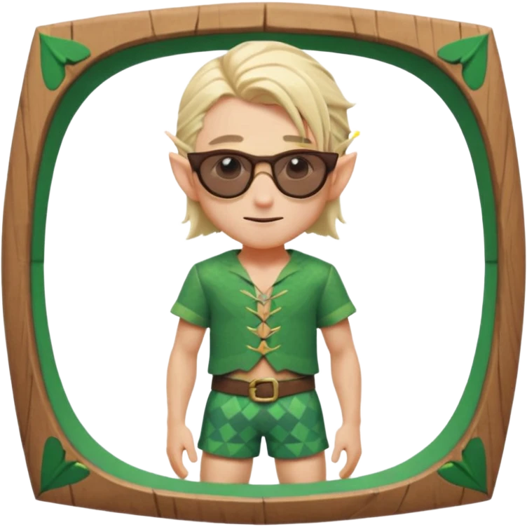 elf male legolas portrait, patterned board shorts (geometric/abstract), unique wooden-framed sunglasses, undercut hairstyle, slight smirk, visible pointy ears, no background, centered emoji, hipster summer vibe emoji
