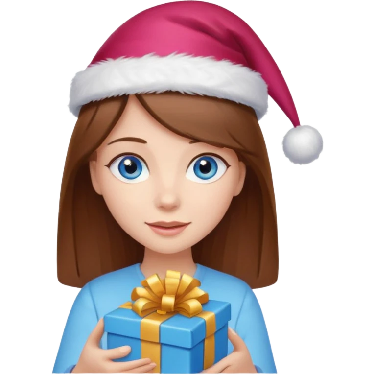 girl with brown hair and blue eyes, holding a present and wearing a birthday hat emoji