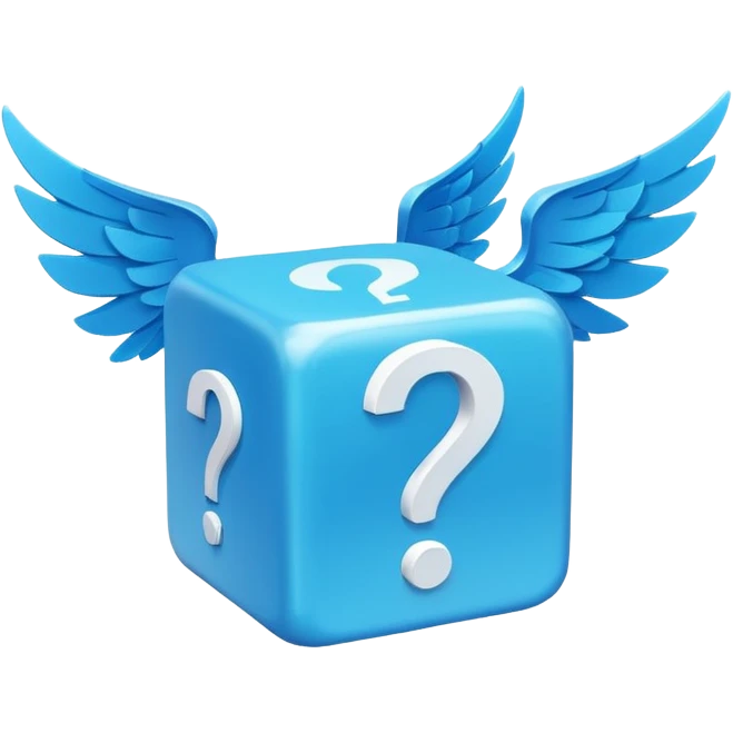 Blue cube with blue wings and has a white question mark emoji