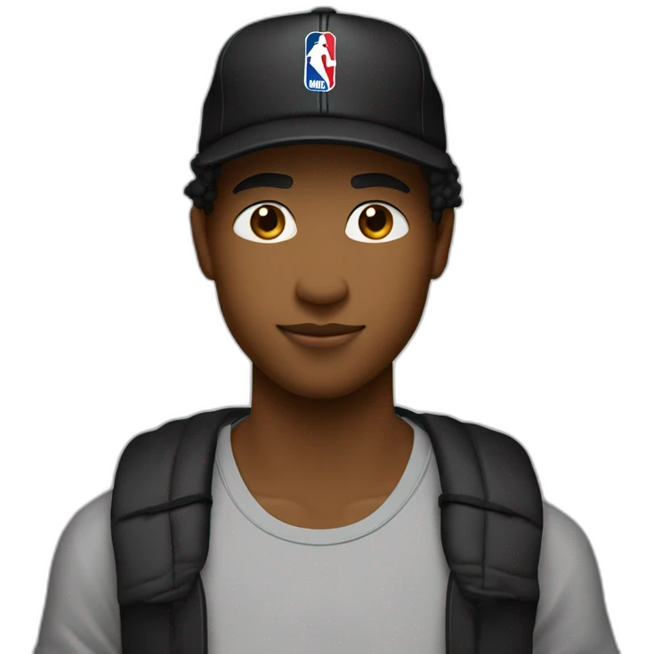 adolescente con pelo negro y con gorra nba negra cerrada y remera negra oversize lisa emoji