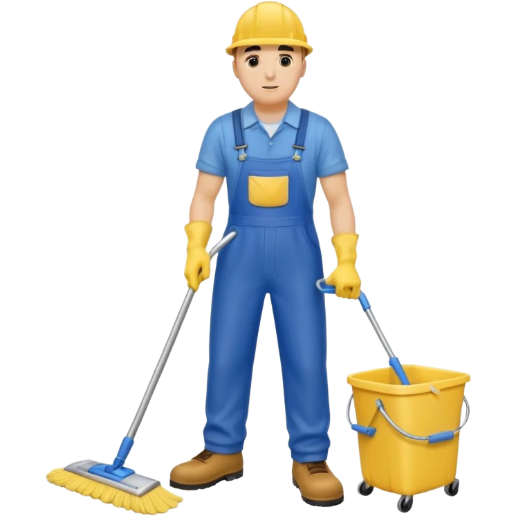 Custodian with yellow rubber gloves, blue overalls, mopping floor emoji
