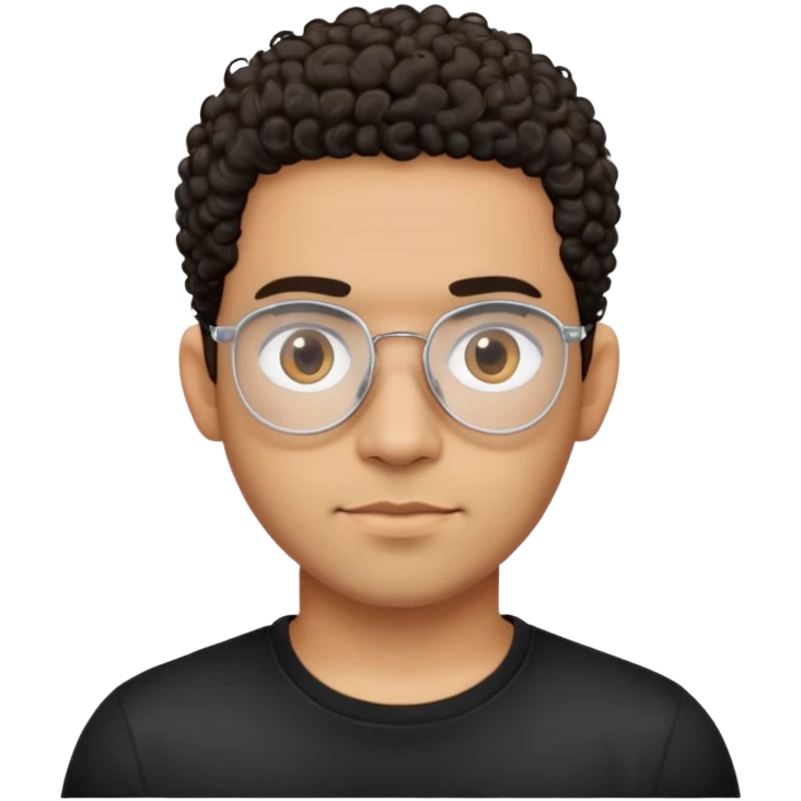 Light brown skinned Latino man with oval face, transparent aviator eyeglasses with thin metal frames, completely bald sides with extremely short dark curly hair only on crown, friendly neutral expression, casual black t-shirt emoji