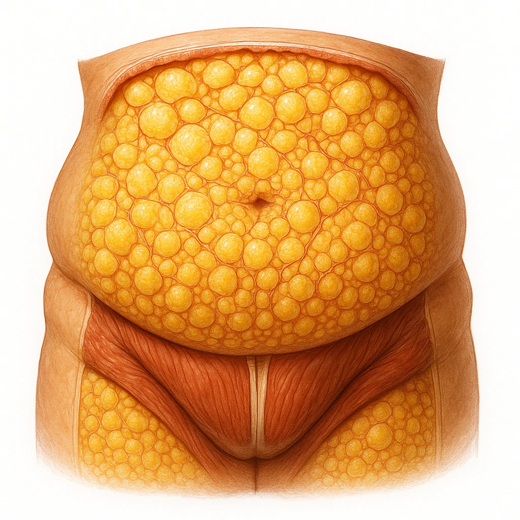 realistic abdomen with visible fat layer, anatomical illustration, cellular details, white background emoji