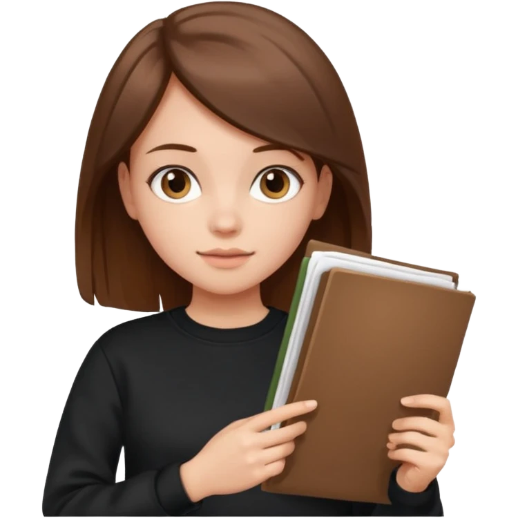 a girl with documents in her hands, in a black sweatshirt with brown hair with a square emoji