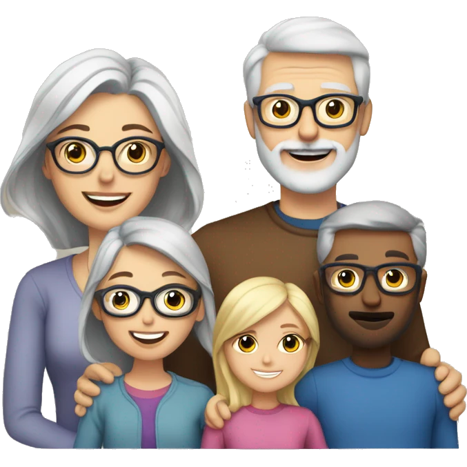 family with a mom that has grey hair and glasses, a dad with blonde hair, glasses and a beard, and two young adult daughters with brown hair emoji