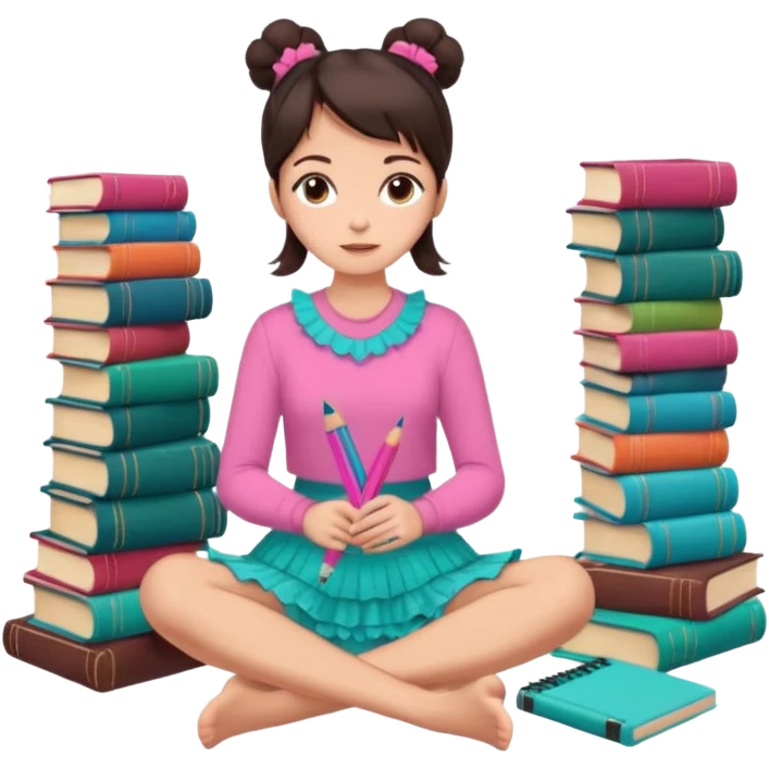 A brunette woman with straight, dark brown hair styled in two buns wears a pink long-sleeved shirt and a turquoise lace ruffled skirt. She is barefoot and holds a crayon in one hand. She sits cross-legged on the floor, which is covered with stacks of colorful notebooks. Art Deco style illustration. emoji