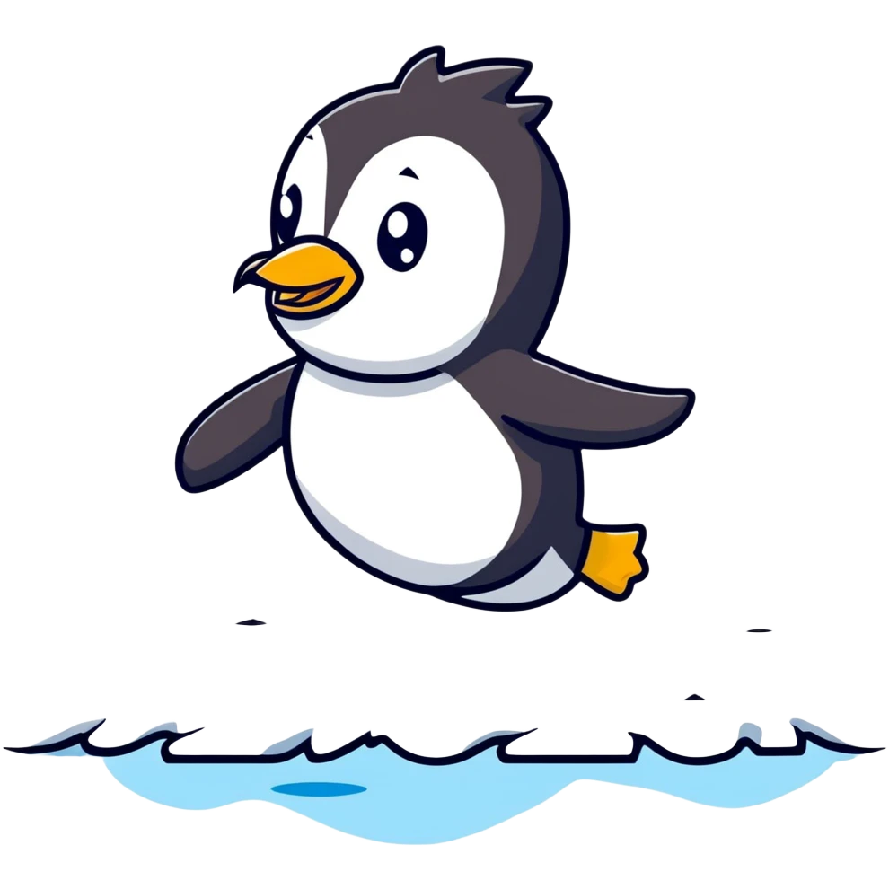 Playful cartoon penguin sliding on ice emoji