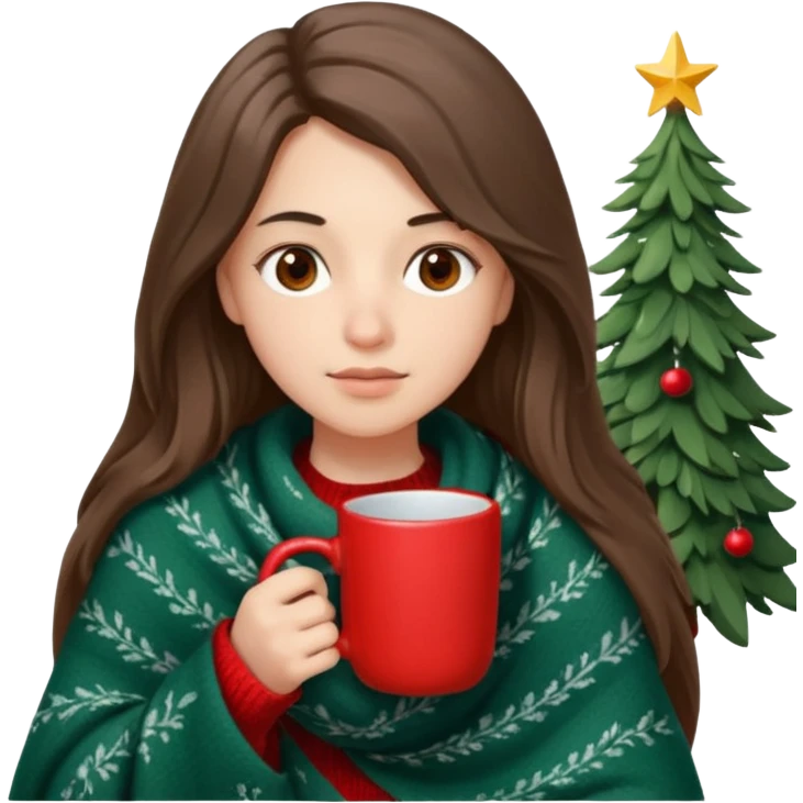 Brown eyes, fair skin, hooked nose, full lips, long hair down to her shoulders, wrapped in a gray blanket, drinking from a red mug with a Christmas tree emoji