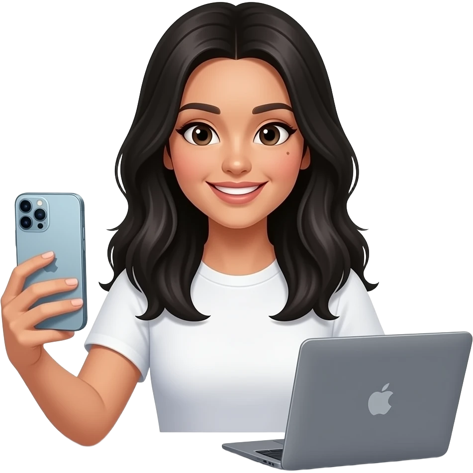 Mujer con cabello LARGO negro lacio con ligeras ondas, de piel normal NO morena, es importante con un lunar en el cachete derecho, con ojos negros, grabandose a ella misma y mirando el iphone 15 pro y una mackbook a su lado, con remera blanca NO CAMISA, que MIRE EL IPHONE, que sonria sin dientes emoji