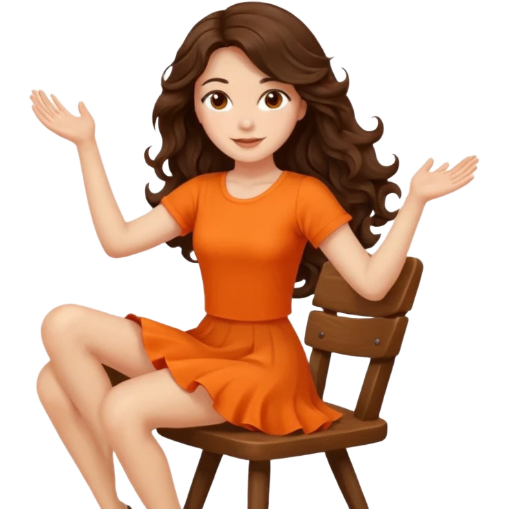 Long dark wavy hair women in orange top  twirling around a chair  emoji