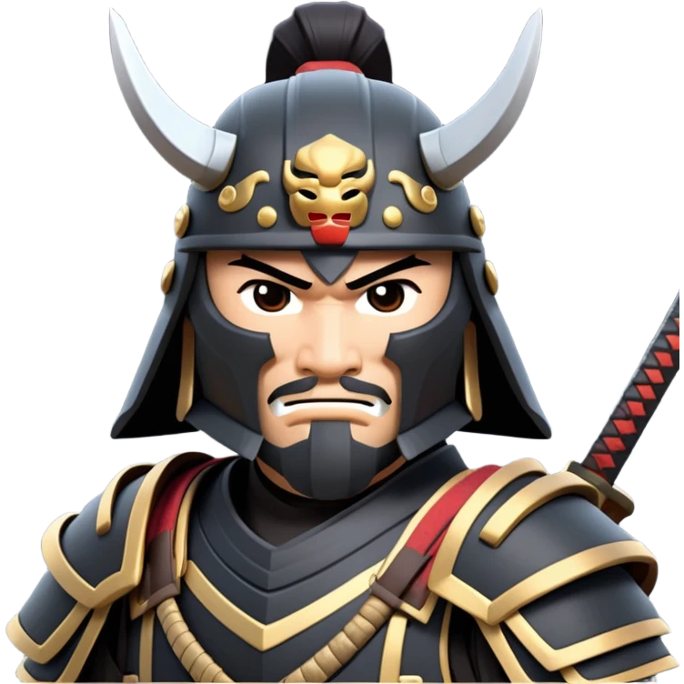clash-of-clans-aesthetic_-cinematic-fearsome-and-majestic-samurai-bust-portrait-emoji, rendered in a flat, vector-style with minimal shading and bold, simplified shapes typical of emoji art, depicting a battle-hardened samurai with black mask and traditional black Japanese armor. The samurai is riding a noble grey warhorse adorned with an intricately designed saddle and fluttering banners and a rising sun. a samurai on a   horse emoji