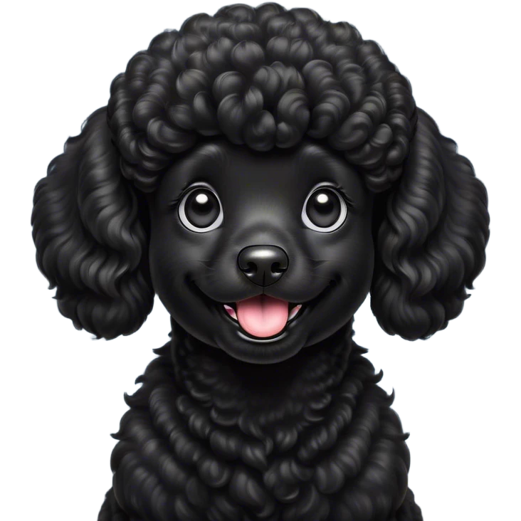 Cinematic Comical Black Poodle Portrait Emoji, Head tilted dramatically with an exaggeratedly amused expression, featuring a glossy, curly jet-black Fur with a lively bounce, wide, expressive dark eyes filled with playful disbelief, Simplified yet hilariously expressive features, highly detailed, glowing with a slightly sassy glow, high shine, dramatic yet playful, stylized with an air of cheeky mischief, bright and endearing, soft glowing outline, capturing the essence of a spirited and over-the-top companion, so meme-worthy it feels like it could side-eye its way into internet fame instantly! emoji