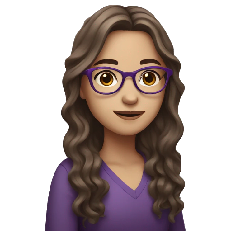 Girl who has brown hair and purple glasses, long wavy hair, whitw emoji