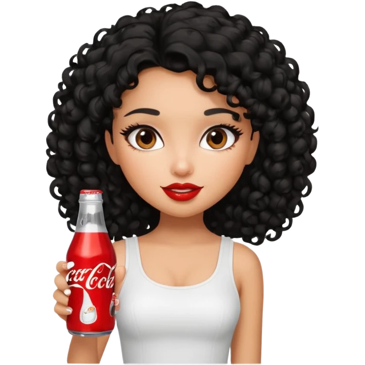 a pretty tan bratz girl with black curly hair drinking coca cola. minimal makeup. white top emoji