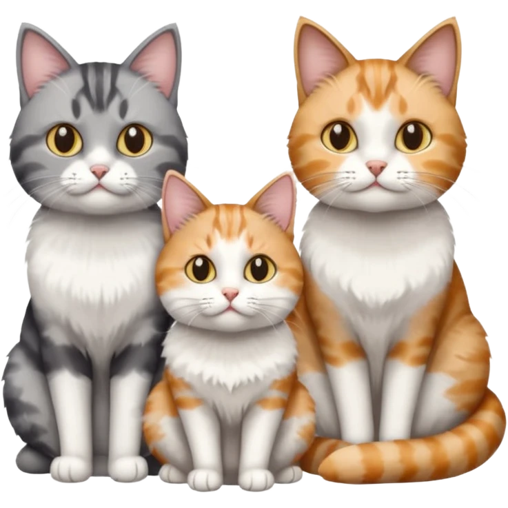 a fluffy grey and white cat sitting with 2 other cats emoji