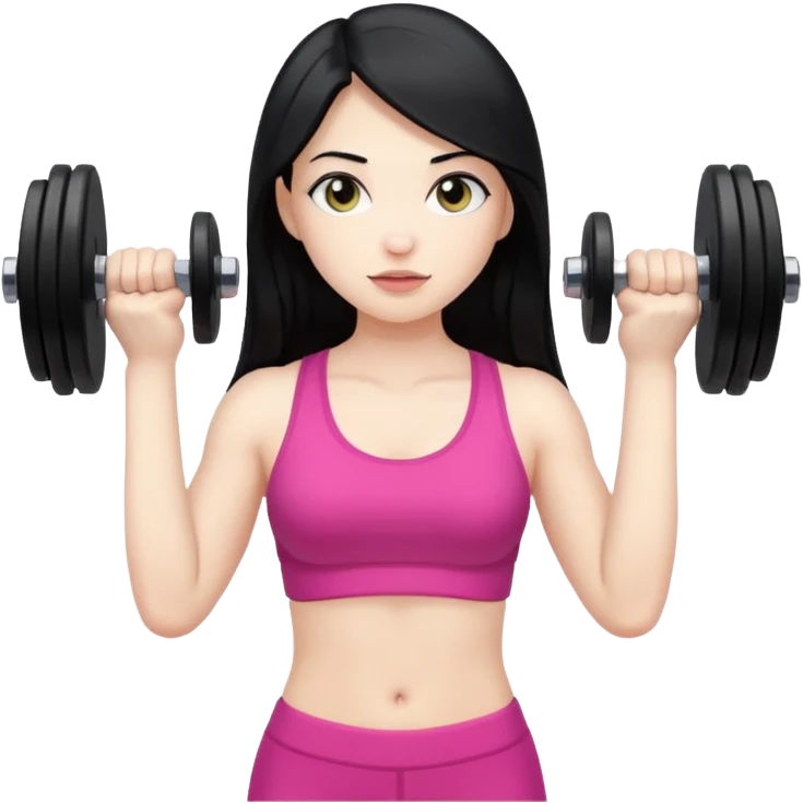 Pale girl with long black hair using dumbbells emoji