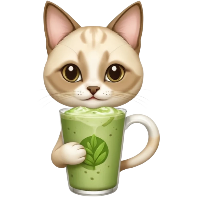 Happy Siamese Cat holding in its paws an iced matcha latte emoji