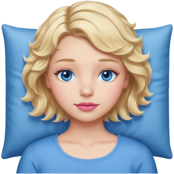 Girl Blonde short wavy hair,  blue eyes, cute blue top, long lashes, pink lips, sleeping emoji