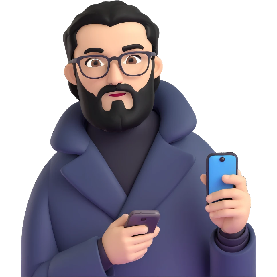 professional man standing, wearing black coat, with medium black beard, black hair neatly combed to one side, connected unibrow, olive tan skin, brown eyes, glasses, prominent nose, holding a smartphone emoji