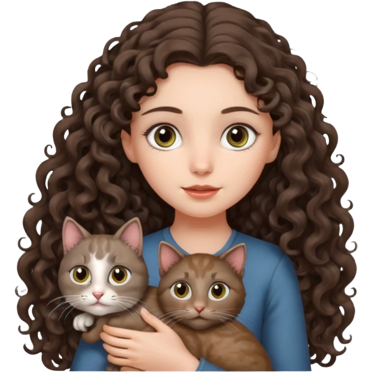 Brunette girl very long curly hair holding Grey cat with a head tilt and large eyes  emoji