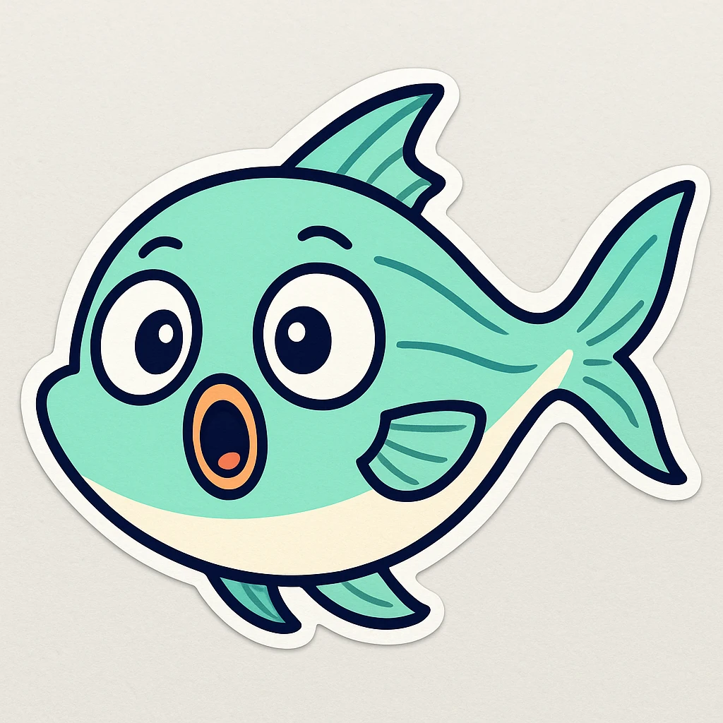 Create a cutesy fish with a surprised expression in a cartoonish sticker style. Emphasize wide eyes and an open mouth to convey surprise, keeping the design cute and playful. emoji