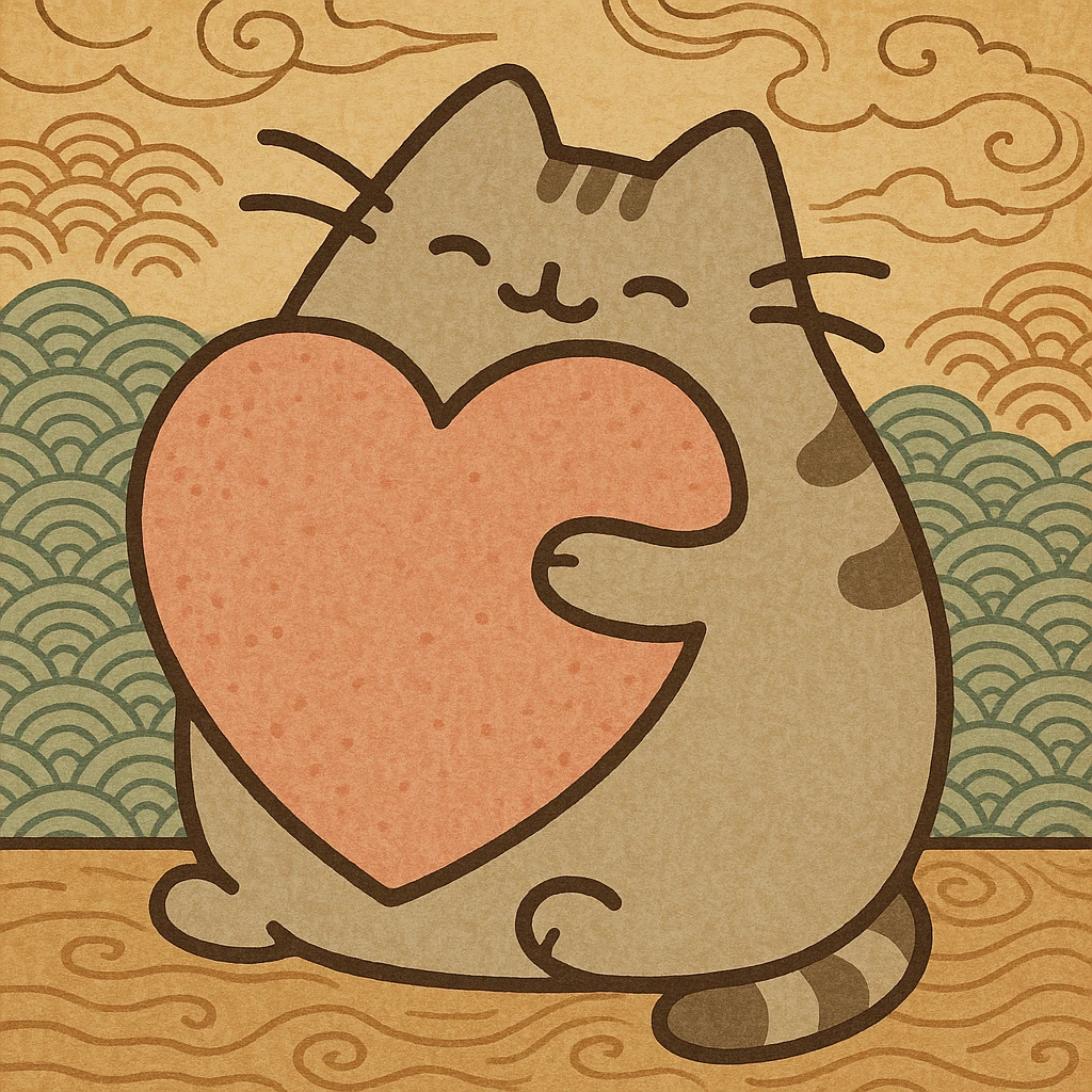 Pusheen hugging a big heart, pastel colors, adorable, ukiyo-e inspired cartoon style emoji
