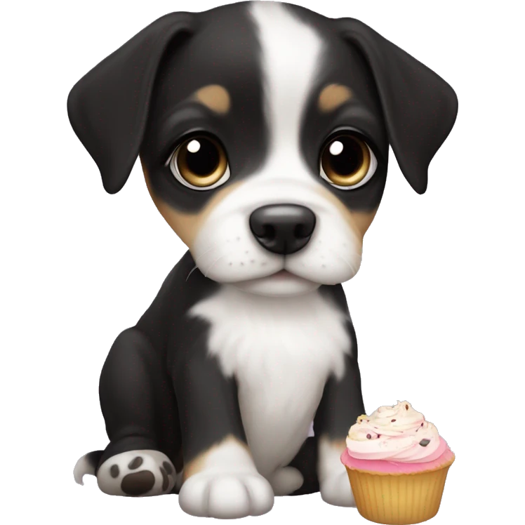 Cute big eyed Black and white girl teddy Roosevelt terrier puppy runt (no brown) eating a cupcake emoji