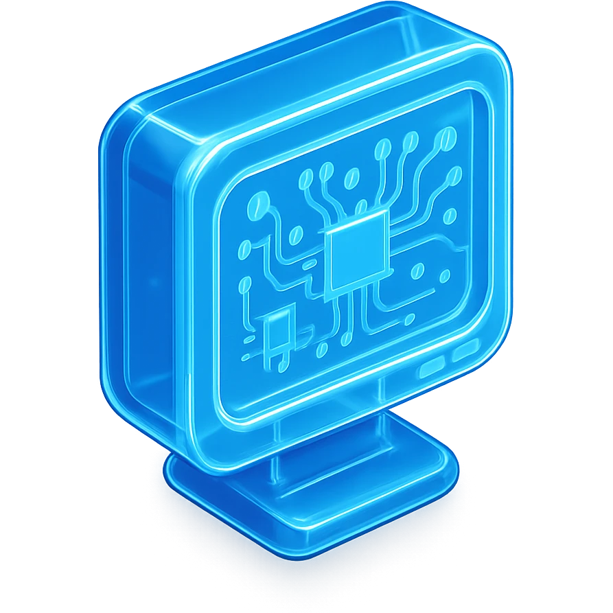 computer monitor in a modern, tech-inspired style, glowing blue emoji