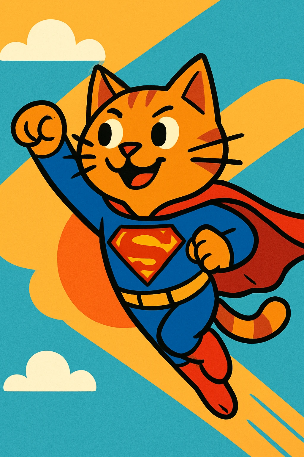 cat in Superman costume, flying, cartoon style, vibrant colors emoji
