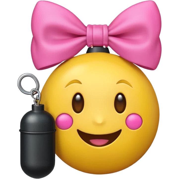 A happy face emoji holding a bomb and the bomb has a cute pink bow on the bomb emoji