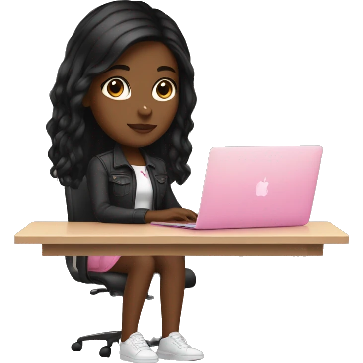 Brown skin girl withg black hair sitting at desk with pink MacBook  emoji